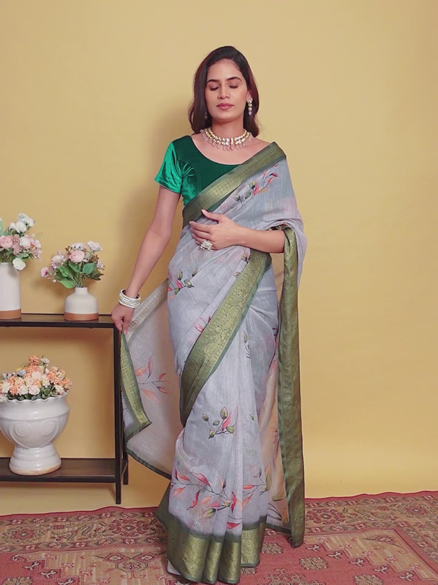 Elegant Light Grey Jacquard Patta Linen Cotton Saree with Olive Green Zari Border & Modern Floral Digital Print | Designer Festive Wear Collection